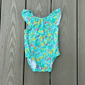 Hatley turquoise, pink, and yellow floral baby swimsuit